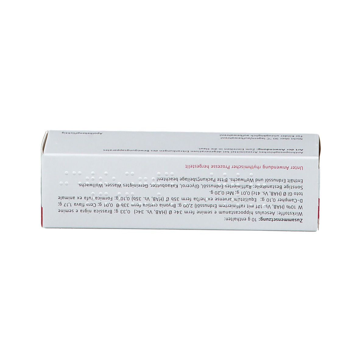 Oberseite der Schachtel. Text in deutscher Sprache. Enthält Informationen zu Inhaltsstoffen und Anwendung.