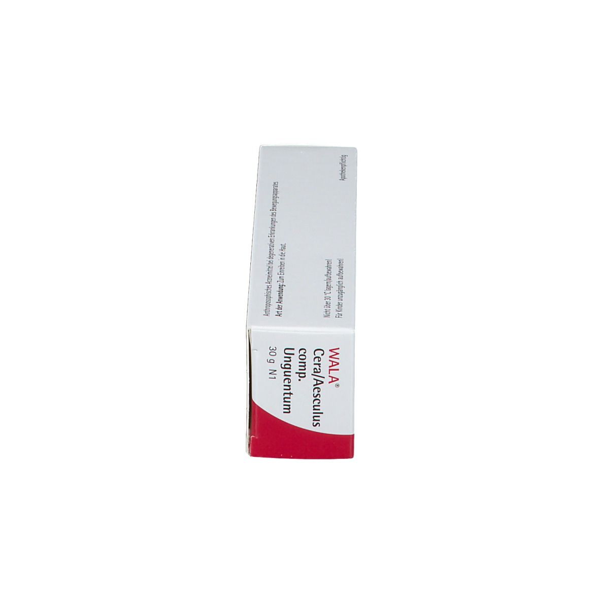 Seitenansicht der Schachtel. Rotes Design mit Text. Aufschrift: WALA Cera/Aesculus comp., Unguentum. 30 g N1.