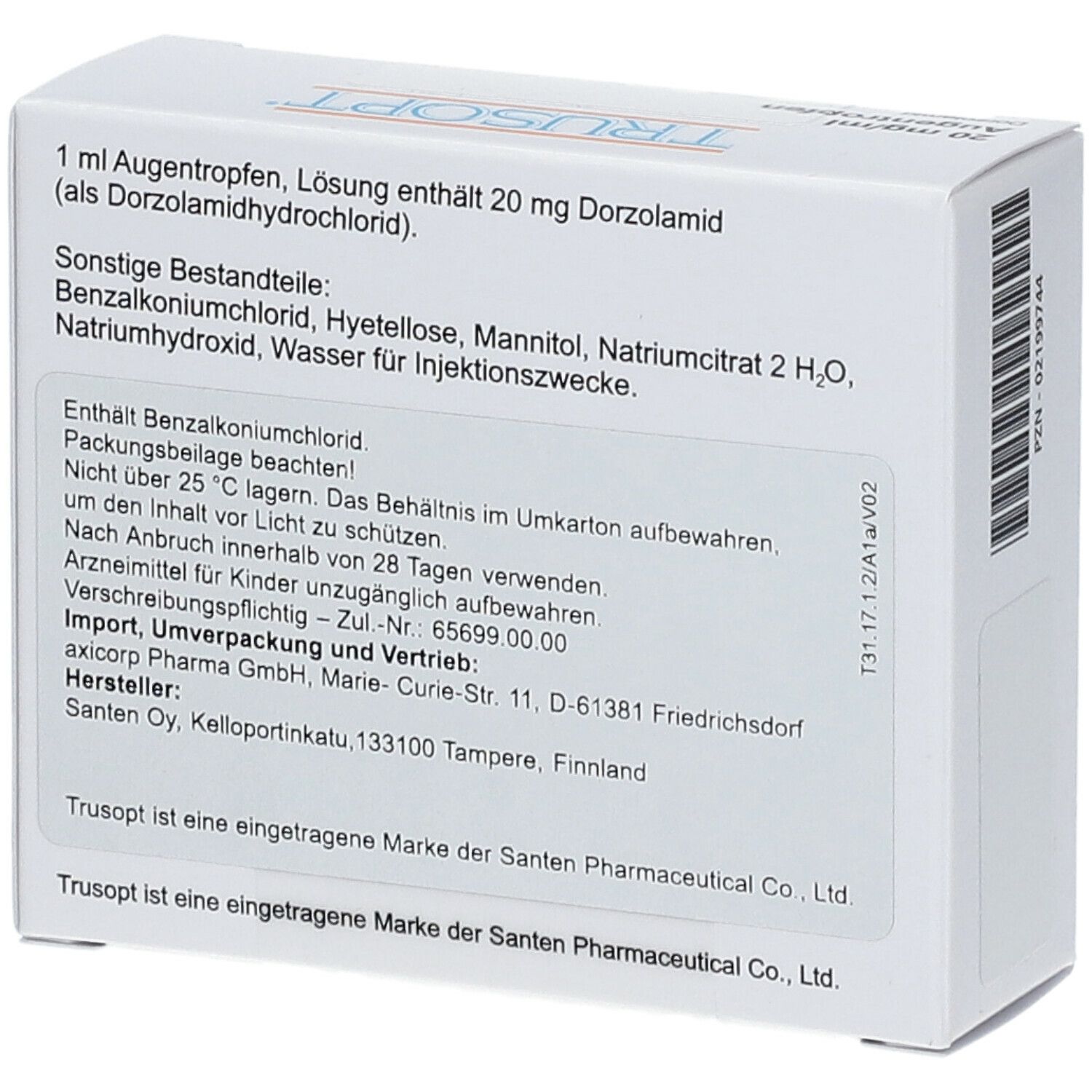 Weiße Faltschachtel mit Text. Enthält Augentropfen. Text: 1 ml Augentropfen Lösung enthält 20 mg Dorzolamid. Inhaltsstoffe.