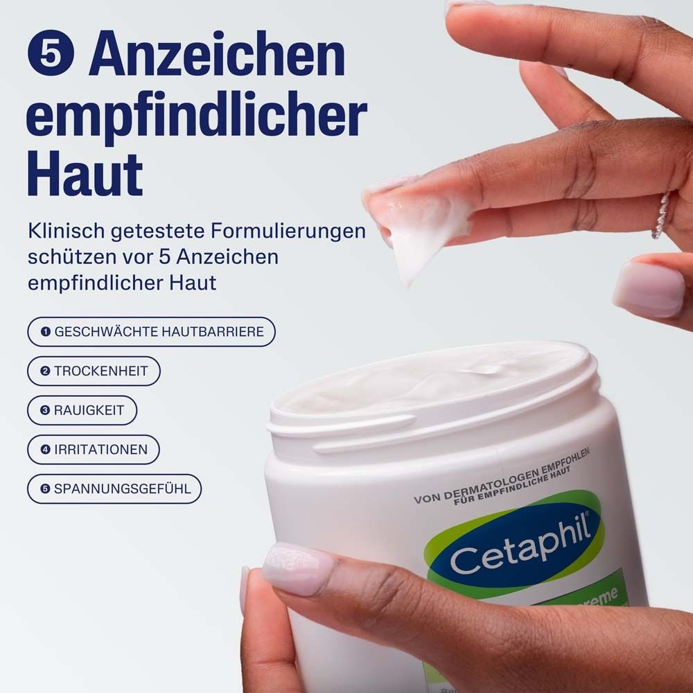 Creme in Tiegel. Text: 5 Anzeichen empfindlicher Haut. Geschwächte Hautbarriere, Trockenheit, Rauigkeit, Irritationen, Spannungsgefühl.