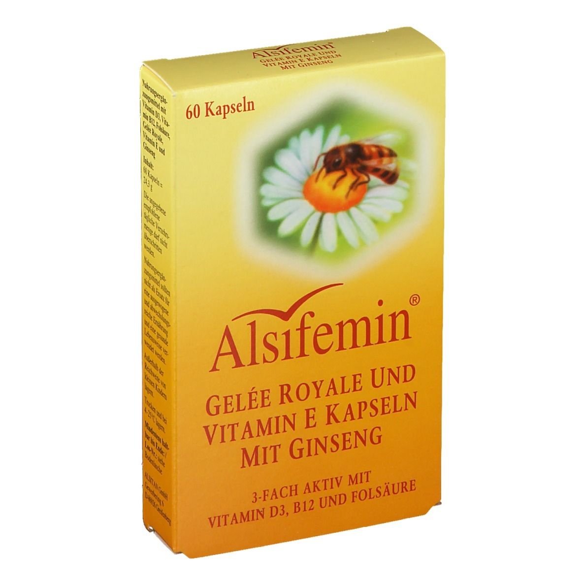 Gelbe Schachtel mit "Alsifemin" und Produktbezeichnung. 60 Kapseln. Bild einer Biene auf einer Blüte.