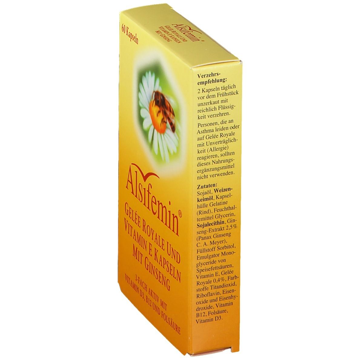 Gelbe Schachtel, "Alsifemin". Produktbezeichnung. 60 Kapseln. Biene auf Blüte. Text über Inhaltsstoffe.