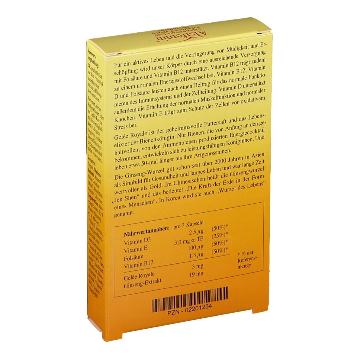 Gelbe Schachtel, Rückseite. Text über Nährwerte und Inhaltsstoffe. PZN-02201234.