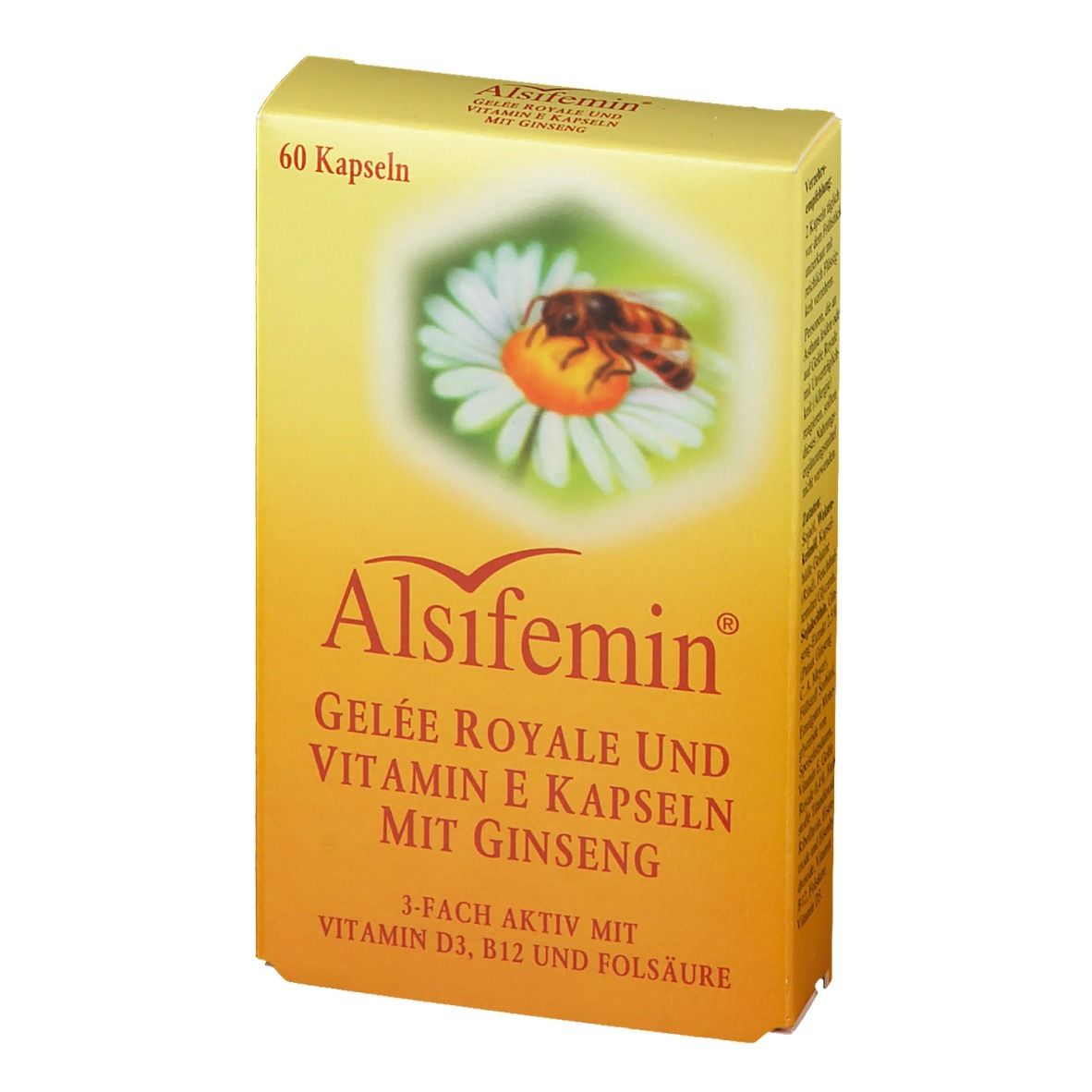 Gelbe Schachtel mit "Alsifemin" und Produktbezeichnung. 60 Kapseln. Biene auf Blüte.