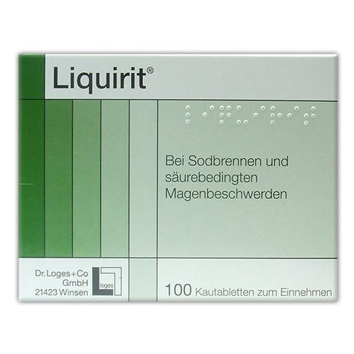 Verpackung von Liquirit® Kautabletten. Aufschrift: Bei Sodbrennen und säurebedingten Magenbeschwerden. Enthält 100 Tabletten.