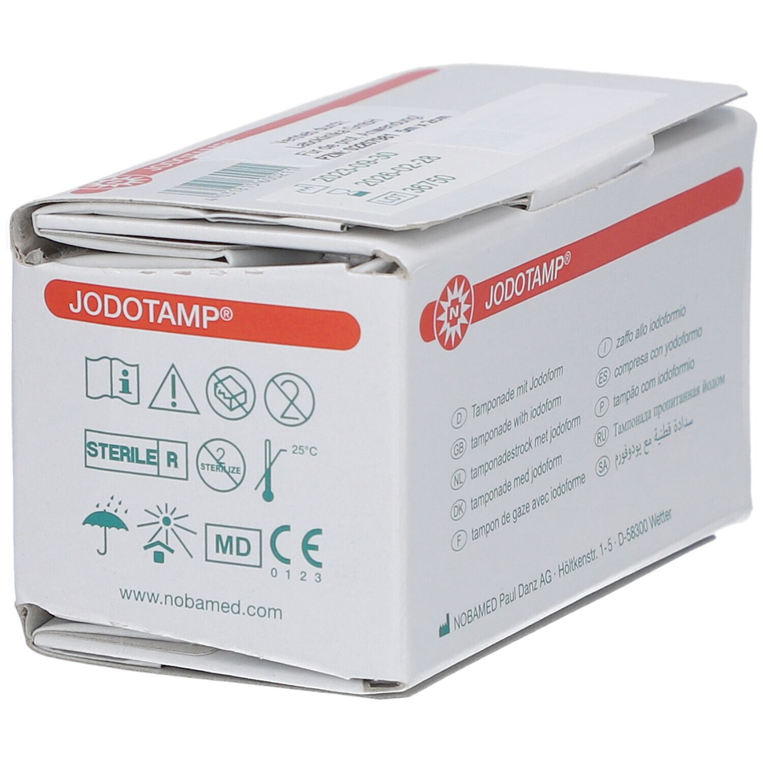 JODOTAMP®-Verpackung. Gezeigt: 2 cm x 5 m Tamponstreifen. Rolle. 1 Stück. Verpackung geöffnet.