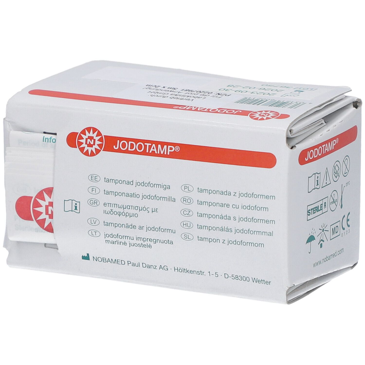 JODOTAMP®-Verpackung. Geöffnet, Tamponstreifen sichtbar. Rote Streifen, Logo. Produktinformationen.