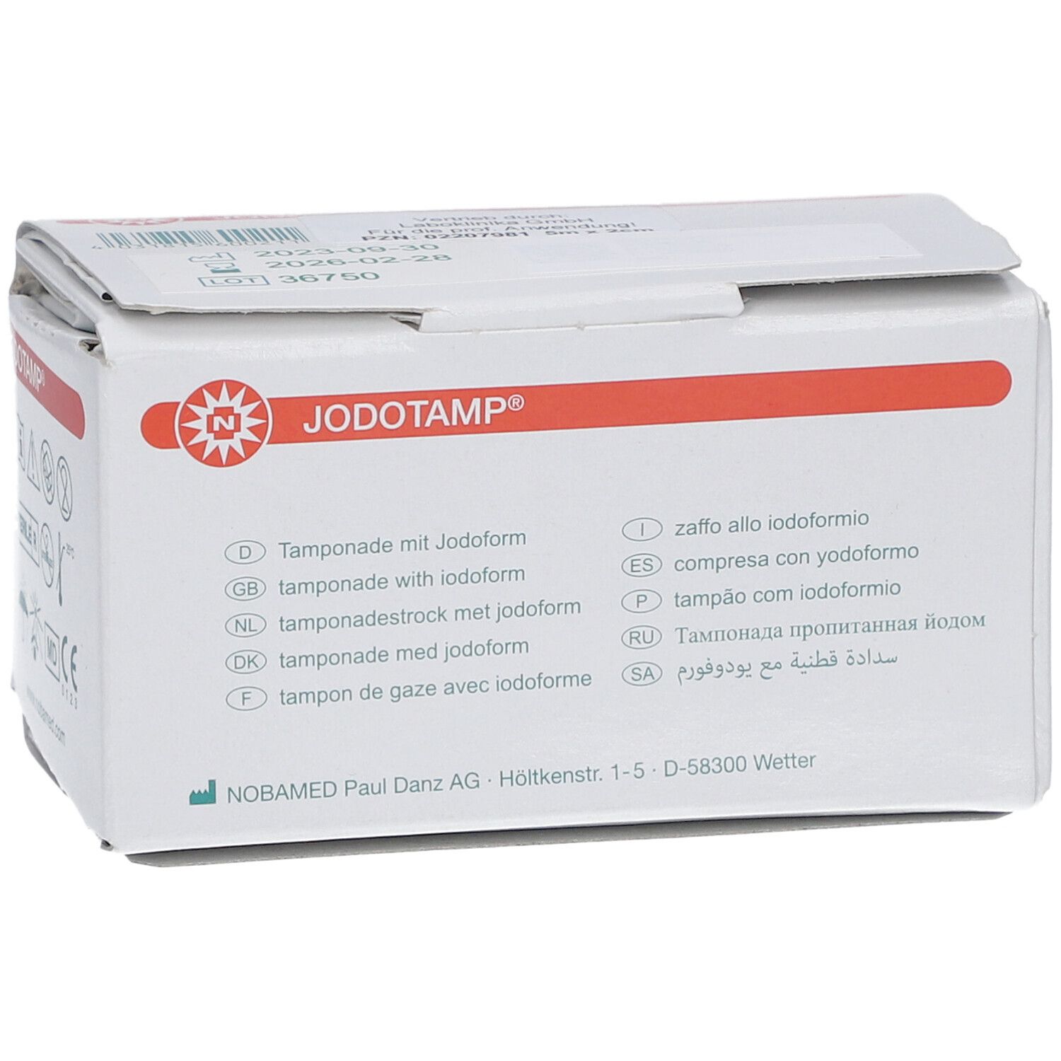 JODOTAMP®-Verpackung. Gezeigt: Tamponstreifen. Roter Streifen mit Logo. Sterile Kennzeichnung.