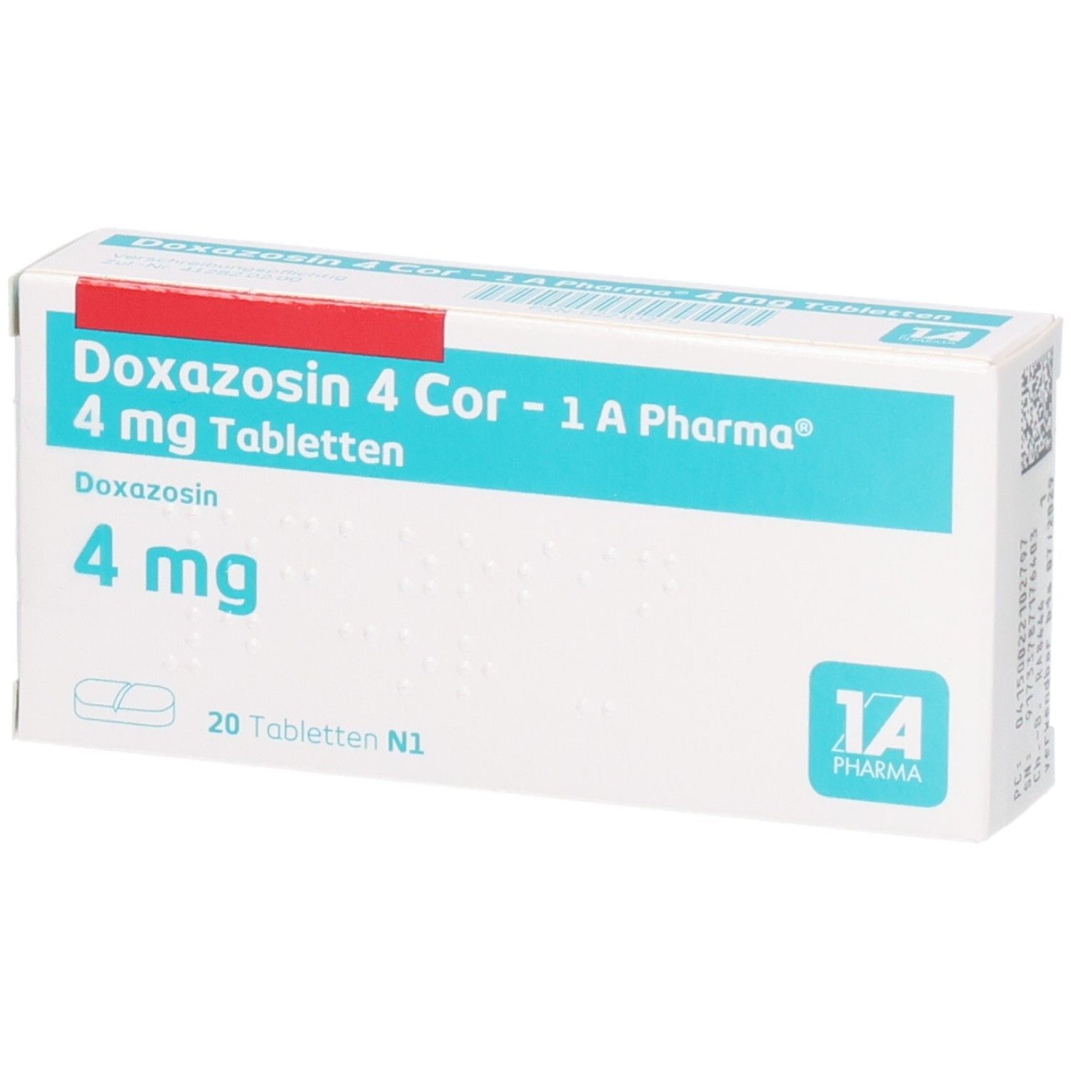 Packung Doxazosin 4 Cor - 1 A Pharma, 4 mg Tabletten, 20 Stück.
