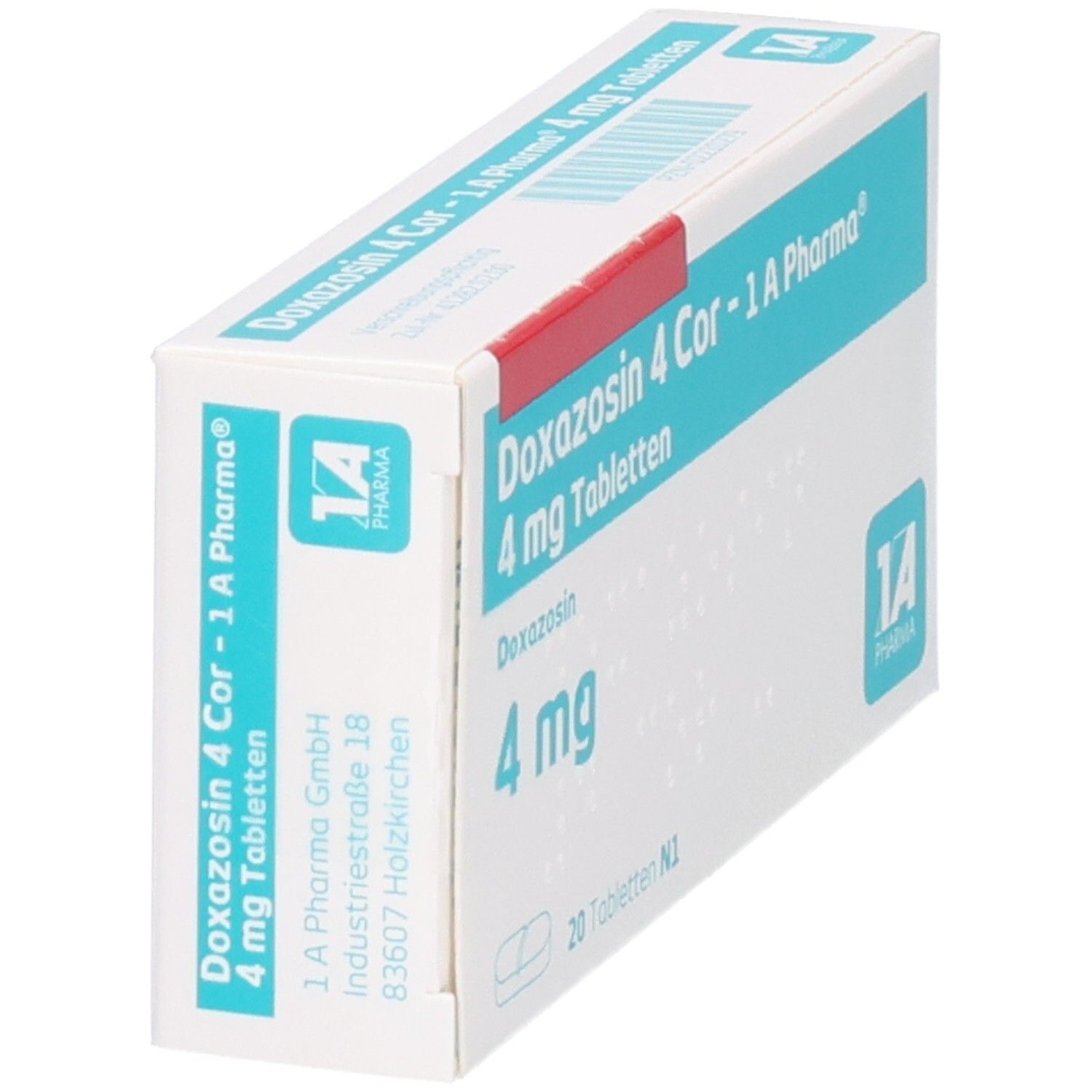 Packung Doxazosin 4 Cor - 1 A Pharma, 4 mg Tabletten, 20 Stück, mit Herstellerangaben.