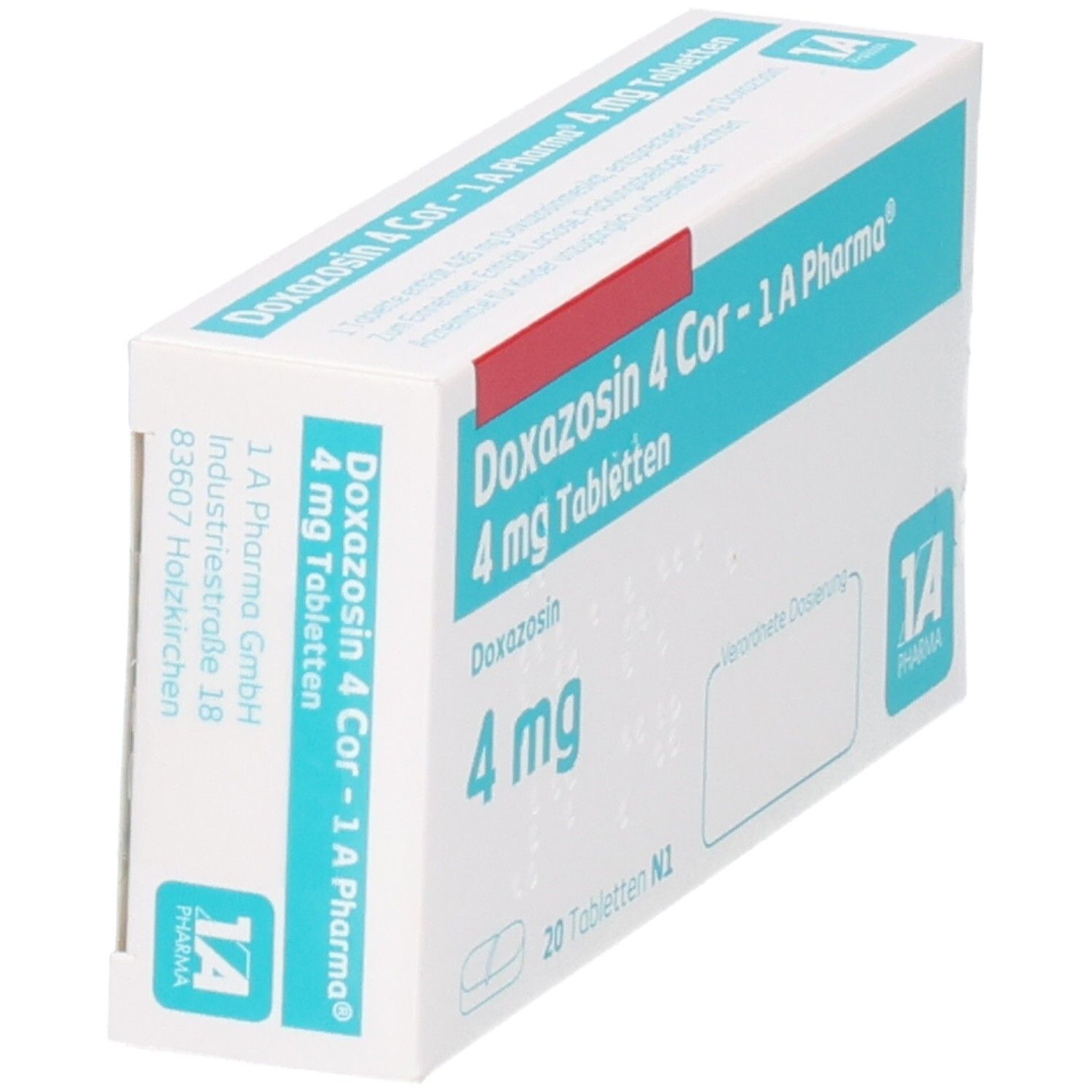 Packung Doxazosin 4 Cor - 1 A Pharma, 4 mg Tabletten, 20 Stück, mit Herstellerangaben und Dosierungshinweis.