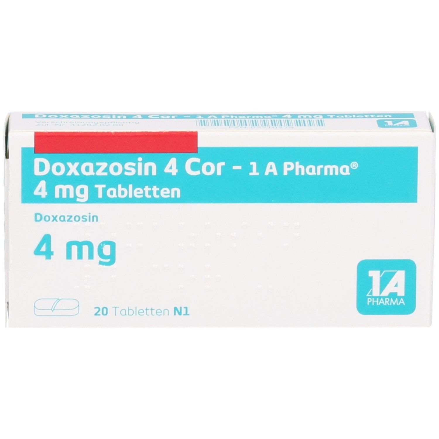 Packung Doxazosin 4 Cor - 1 A Pharma, 4 mg Tabletten, 20 Stück.
