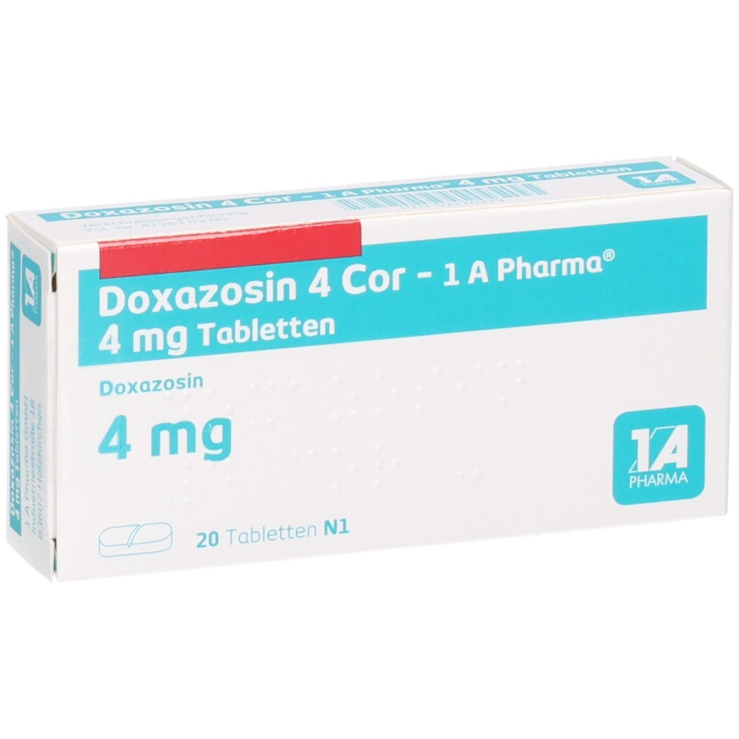 Packung Doxazosin 4 Cor - 1 A Pharma, 4 mg Tabletten, 20 Stück.