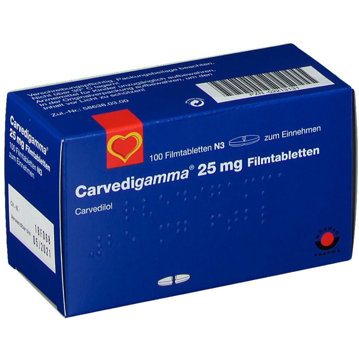 Blaue Schachtel mit "Carvedigamma 25 mg Filmtabletten". Enthält 100 Tabletten. Rotes Herz-Logo. Text in deutscher Sprache.