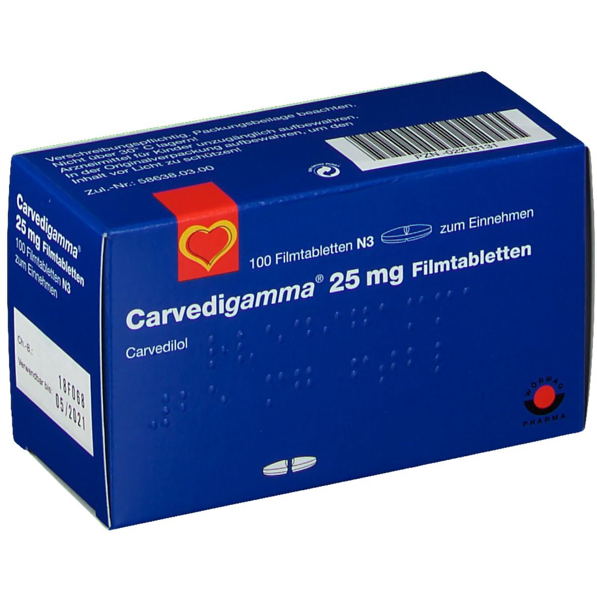 Blaue Schachtel mit "Carvedigamma 25 mg Filmtabletten". Enthält 100 Tabletten. Rotes Herz-Logo. Text in deutscher Sprache.