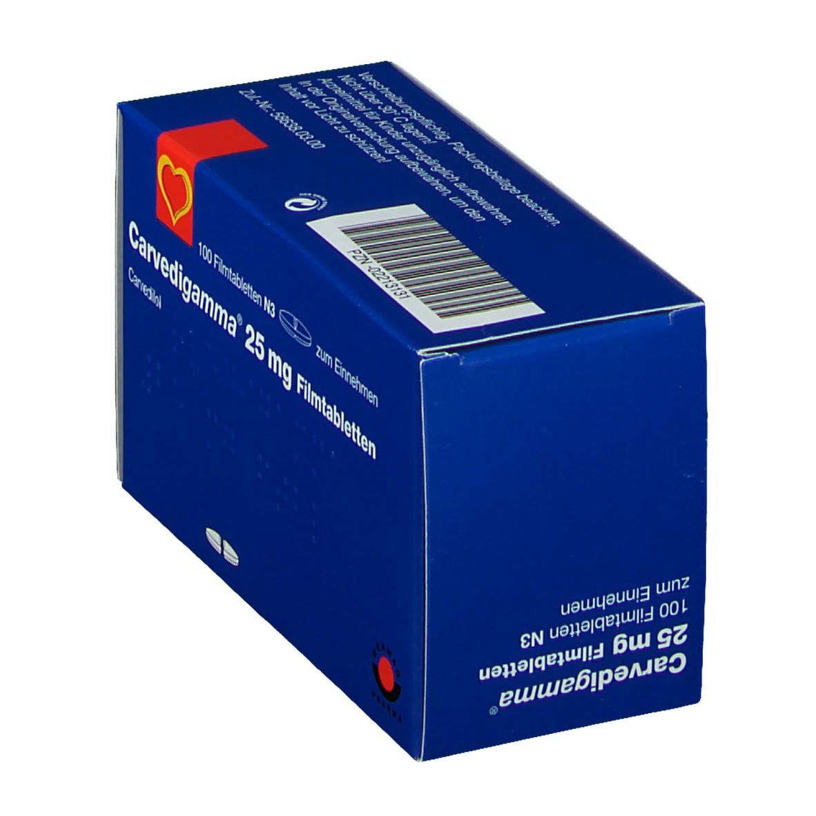 Blaue Schachtel mit "Carvedigamma 25 mg Filmtabletten". Enthält 100 Tabletten. Rotes Herz-Logo. Perspektivische Ansicht.
