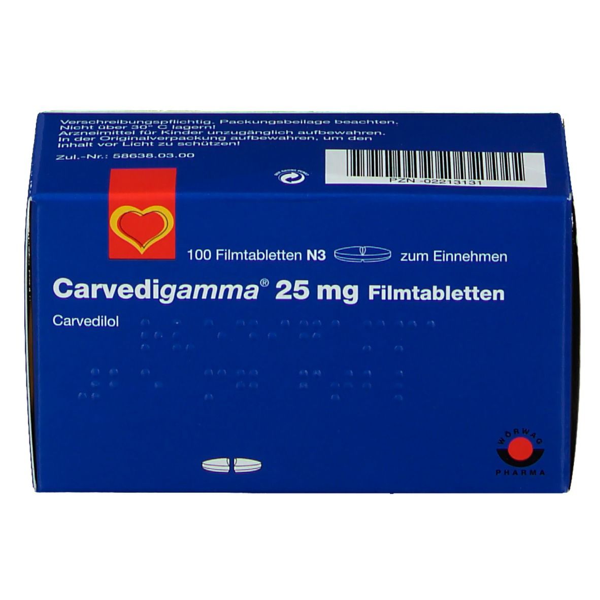 Blaue Schachtel mit "Carvedigamma 25 mg Filmtabletten". Enthält 100 Tabletten. Rotes Herz-Logo. Text in deutscher Sprache.