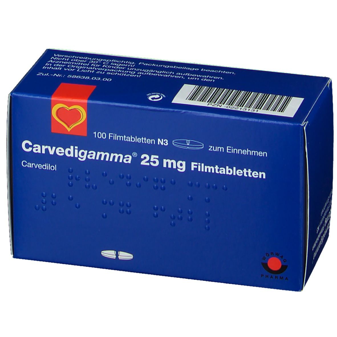 Blaue Schachtel mit "Carvedigamma 25 mg Filmtabletten". Enthält 100 Tabletten. Rotes Herz-Logo. Text in deutscher Sprache.