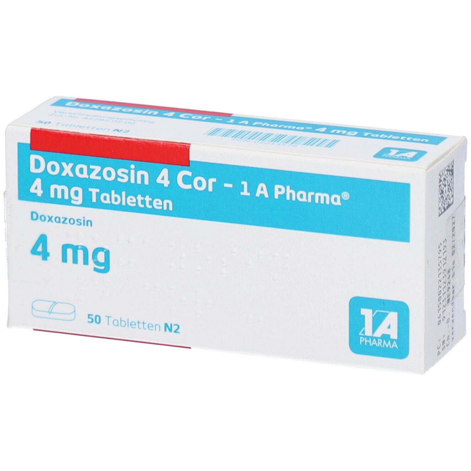 Schachtel mit Doxazosin 4 Cor - 1 A Pharma 4 mg Tabletten. Blaue und weiße Verpackung mit Logo.