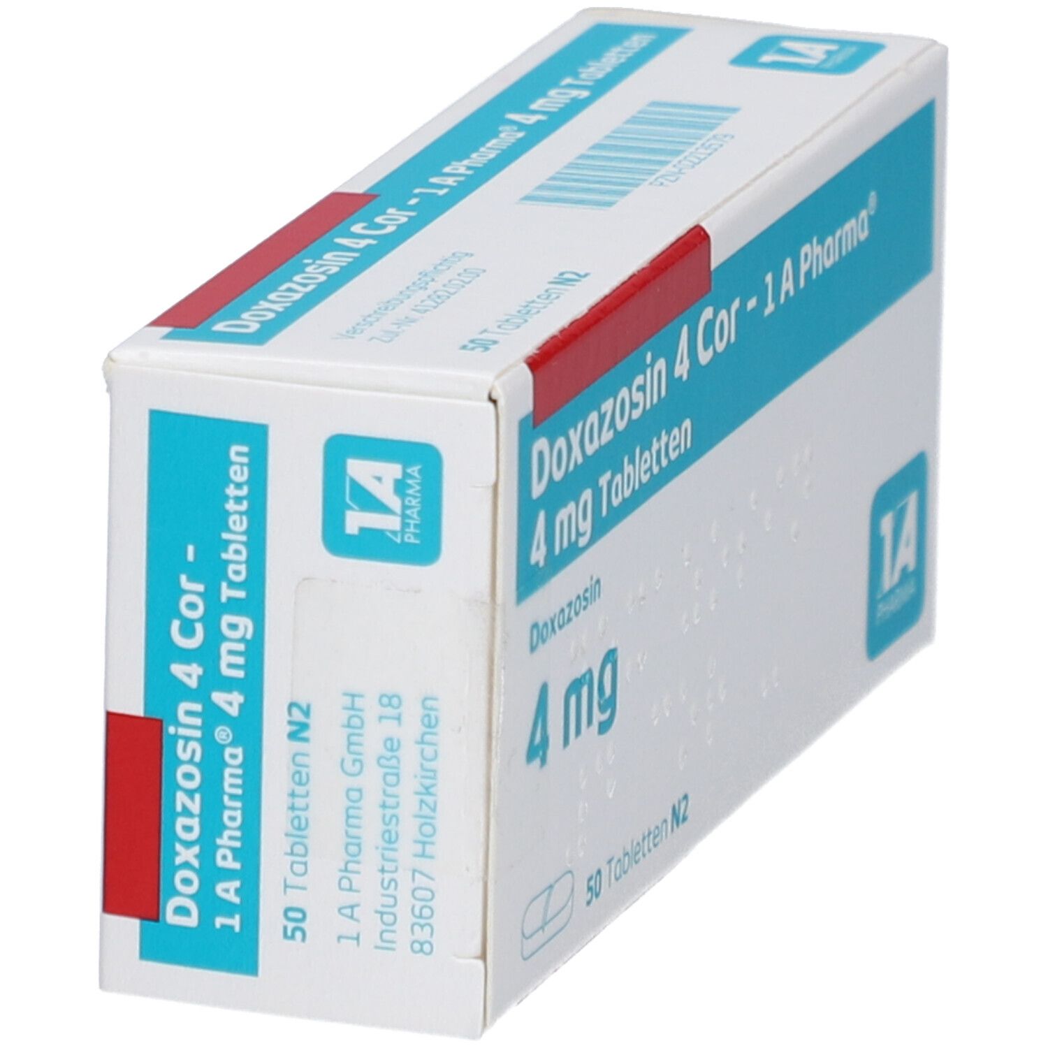 Schachtel Doxazosin 4 Cor - 1 A Pharma 4 mg Tabletten. Ansicht von der Seite, blaue und weiße Verpackung.