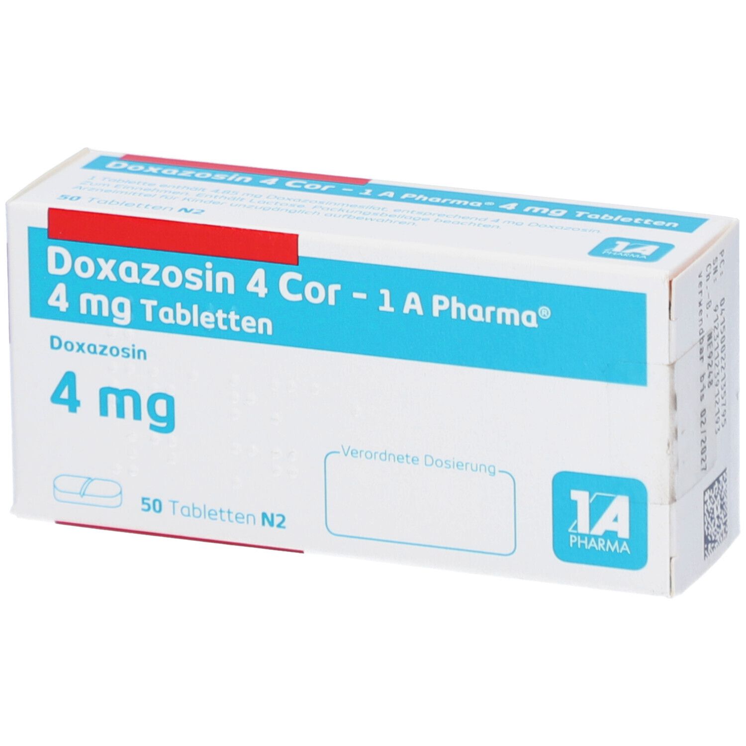Schachtel mit Doxazosin 4 Cor - 1 A Pharma 4 mg Tabletten. Blaue und weiße Verpackung mit Logo.
