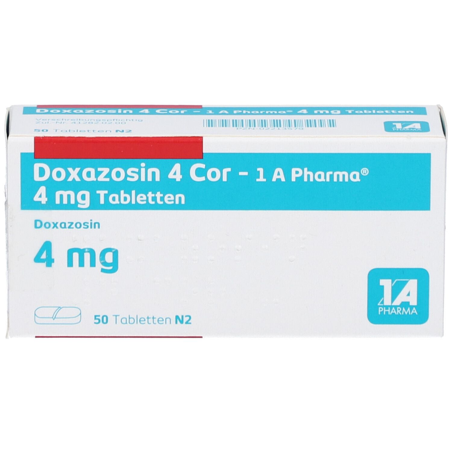 Schachtel mit Doxazosin 4 Cor - 1 A Pharma 4 mg Tabletten. Blaue und weiße Verpackung mit Logo.