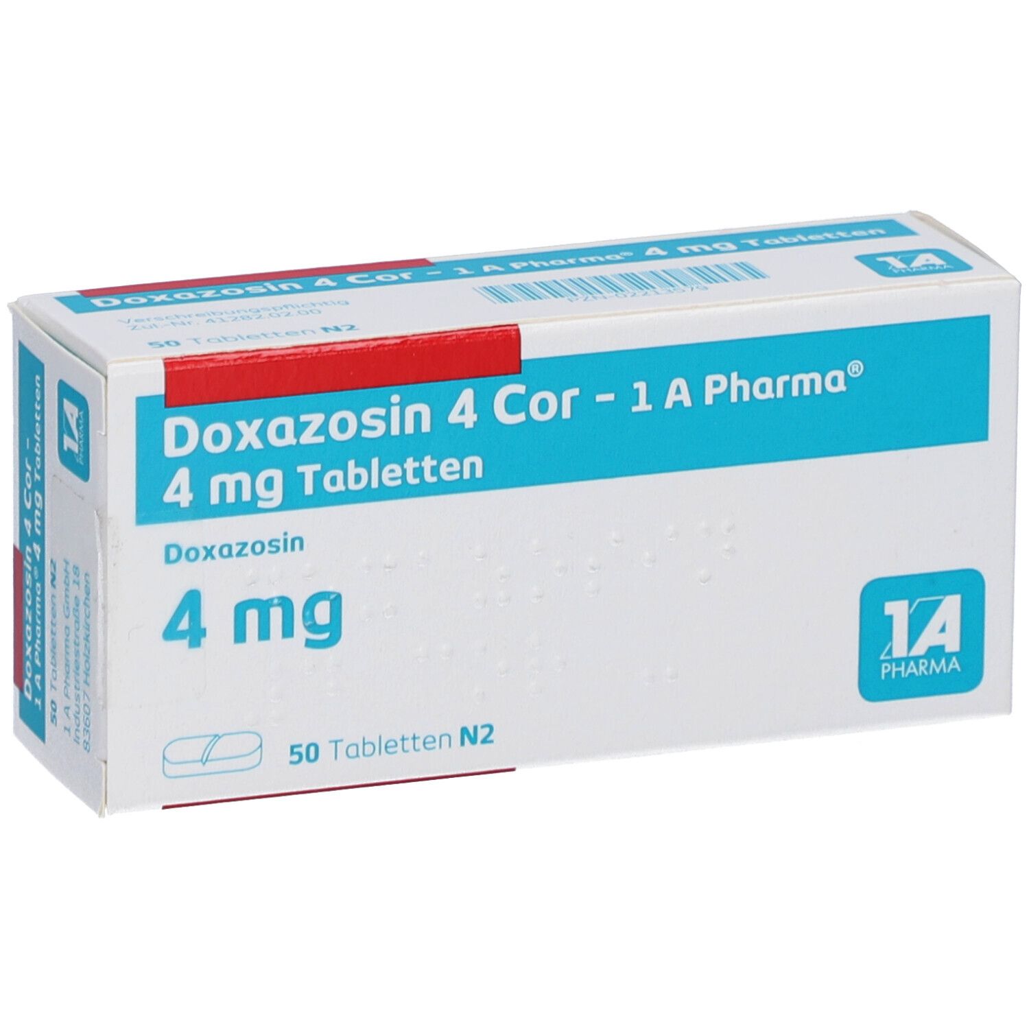 Schachtel mit Doxazosin 4 Cor - 1 A Pharma 4 mg Tabletten. Blaue und weiße Verpackung mit Logo.