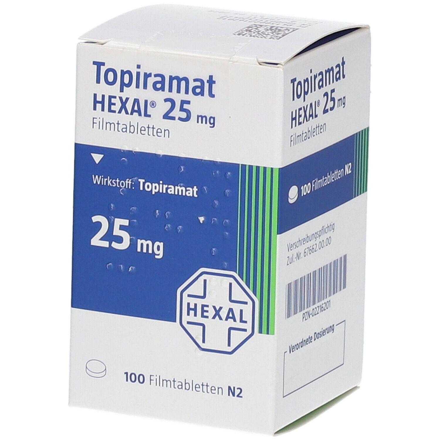 Schachtel mit Topiramat HEXAL 25 mg Filmtabletten. Aufschrift: 100 Filmtabletten N2. Wirkstoff: Topiramat. HEXAL-Logo.