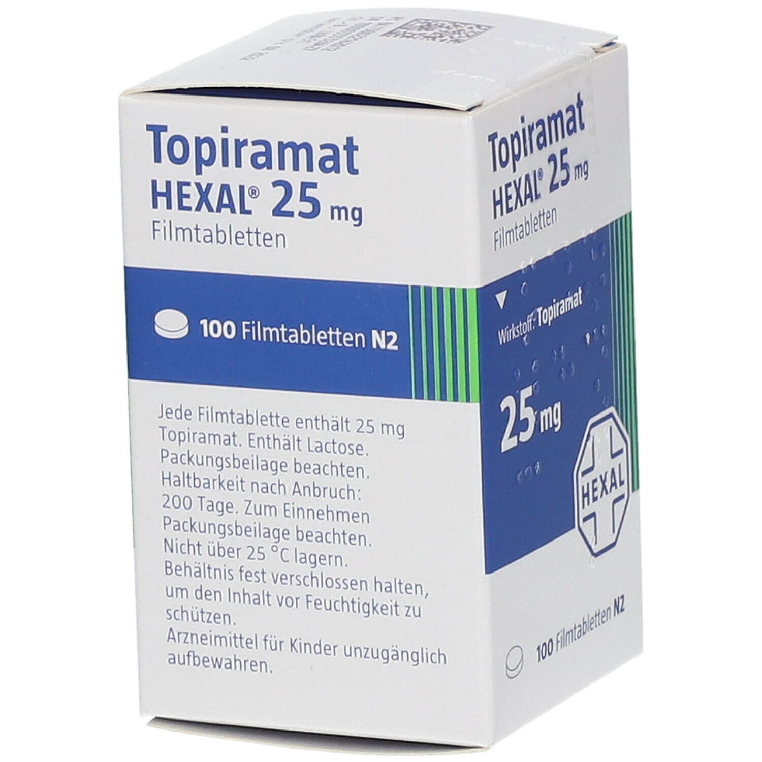 Schachtel mit Topiramat HEXAL 25 mg Filmtabletten. Aufschrift: 100 Filmtabletten N2. Wirkstoff: Topiramat. Text auf der Rückseite.