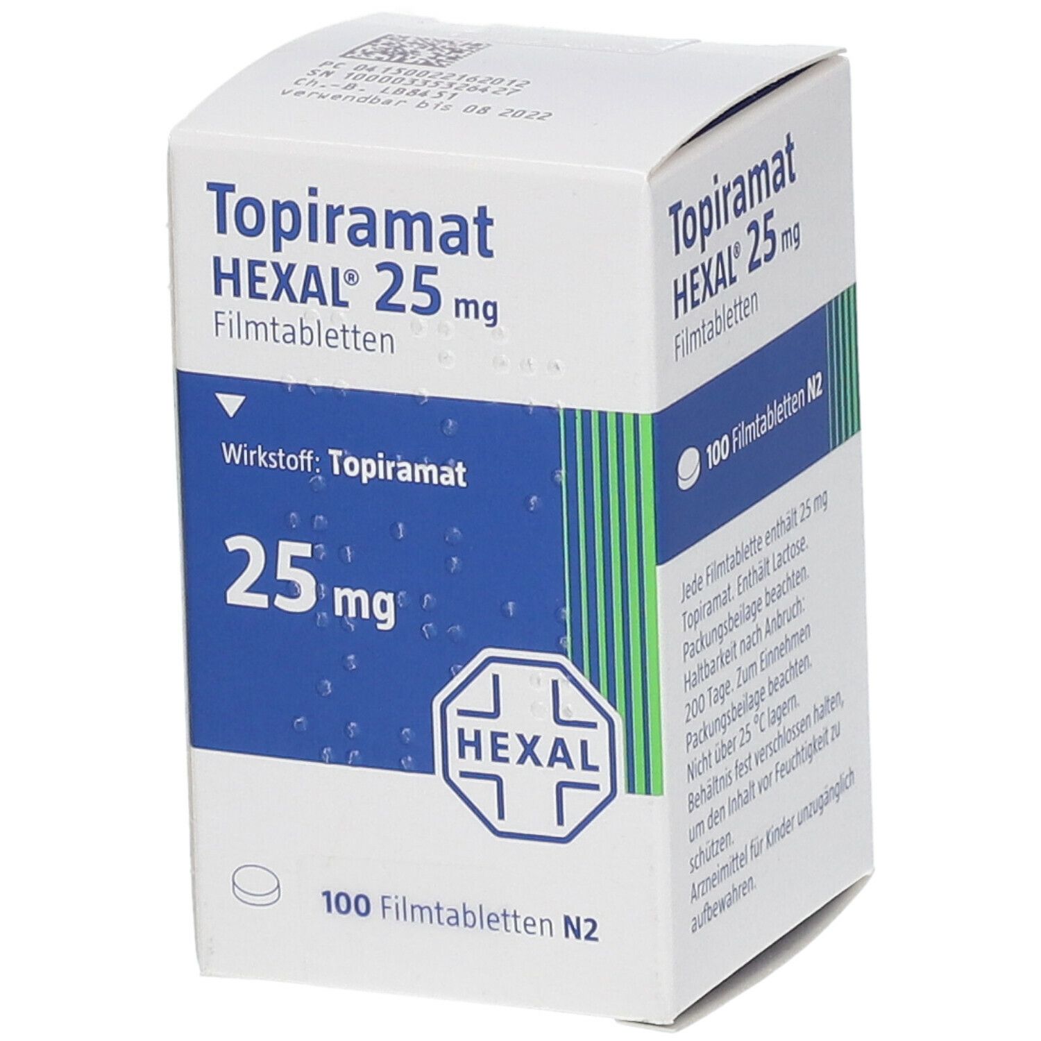 Schachtel mit Topiramat HEXAL 25 mg Filmtabletten. Aufschrift: 100 Filmtabletten N2. Wirkstoff: Topiramat. HEXAL-Logo.