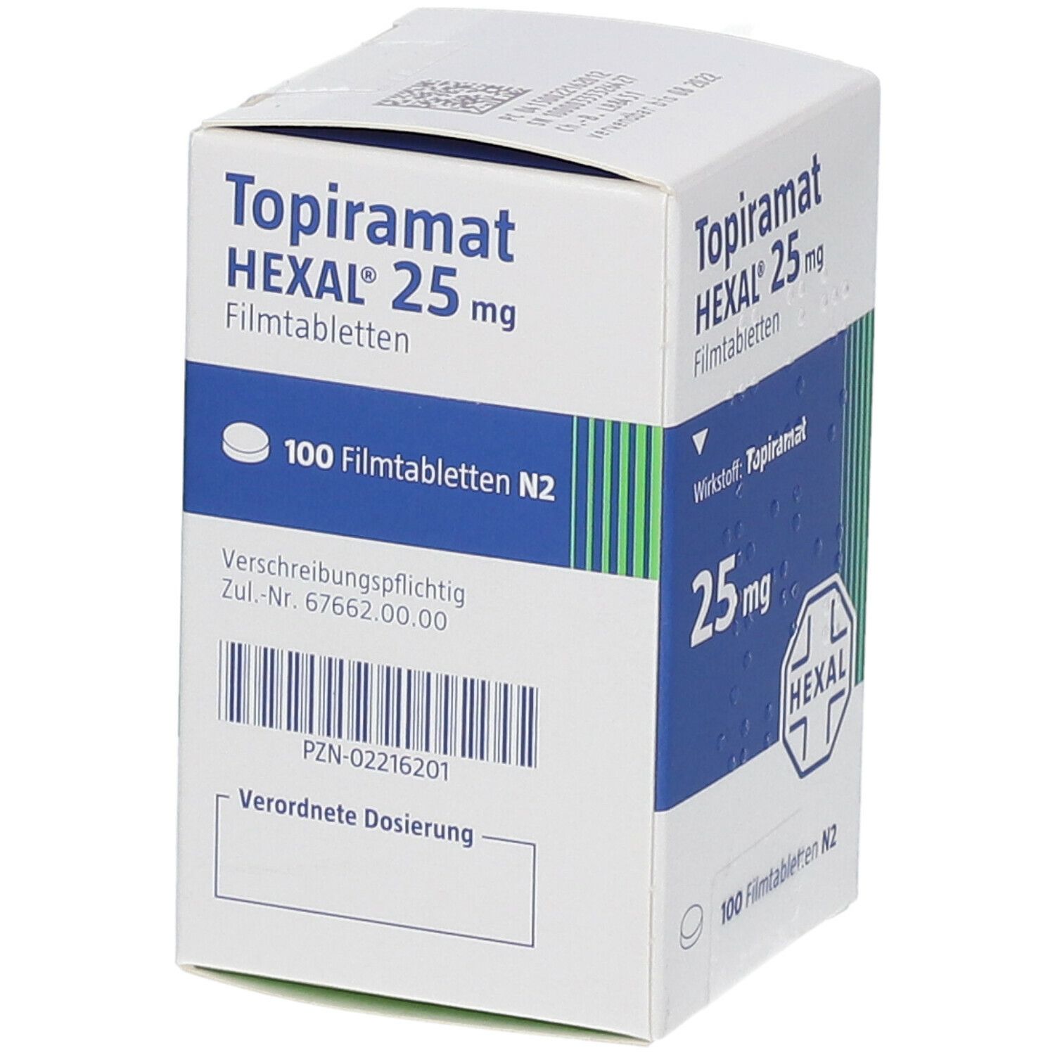 Schachtel mit Topiramat HEXAL 25 mg Filmtabletten. Aufschrift: 100 Filmtabletten N2. Wirkstoff: Topiramat. Verschreibungspflichtig.