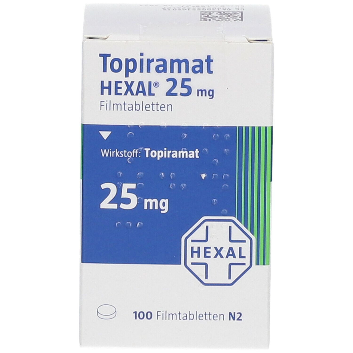 Schachtel mit Topiramat HEXAL 25 mg Filmtabletten. Aufschrift: 100 Filmtabletten N2. Wirkstoff: Topiramat. HEXAL-Logo.