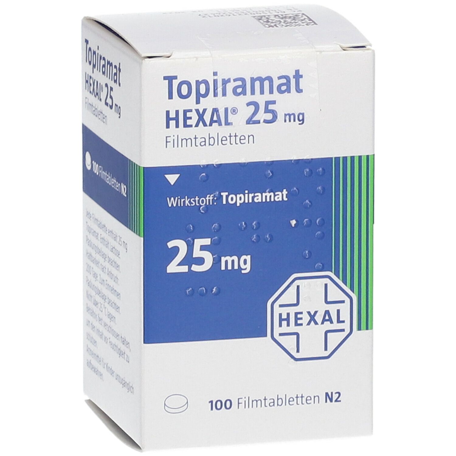 Schachtel mit Topiramat HEXAL 25 mg Filmtabletten. Aufschrift: 100 Filmtabletten N2. Wirkstoff: Topiramat. Text auf der Rückseite.