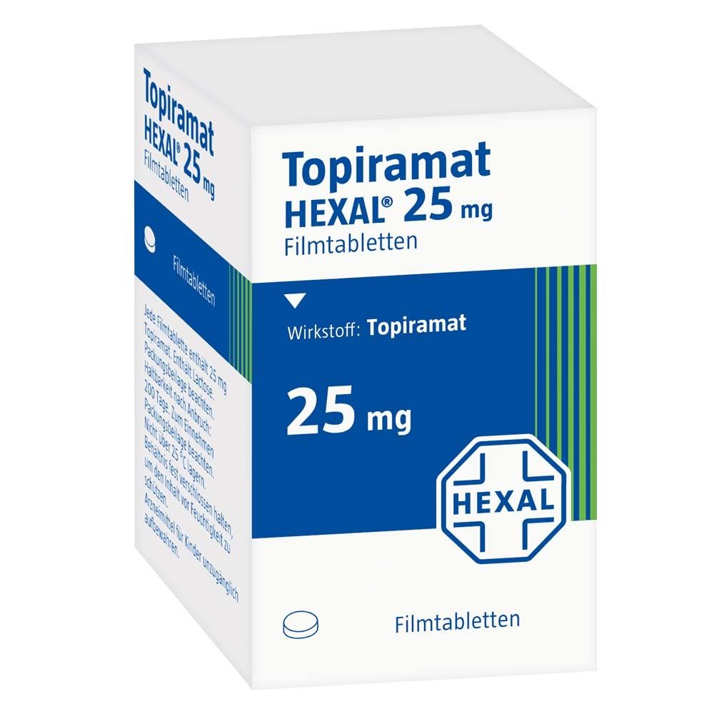 Schachtel mit Topiramat HEXAL 25 mg Filmtabletten. Weiße Verpackung mit blauen und grünen Akzenten. HEXAL-Logo.