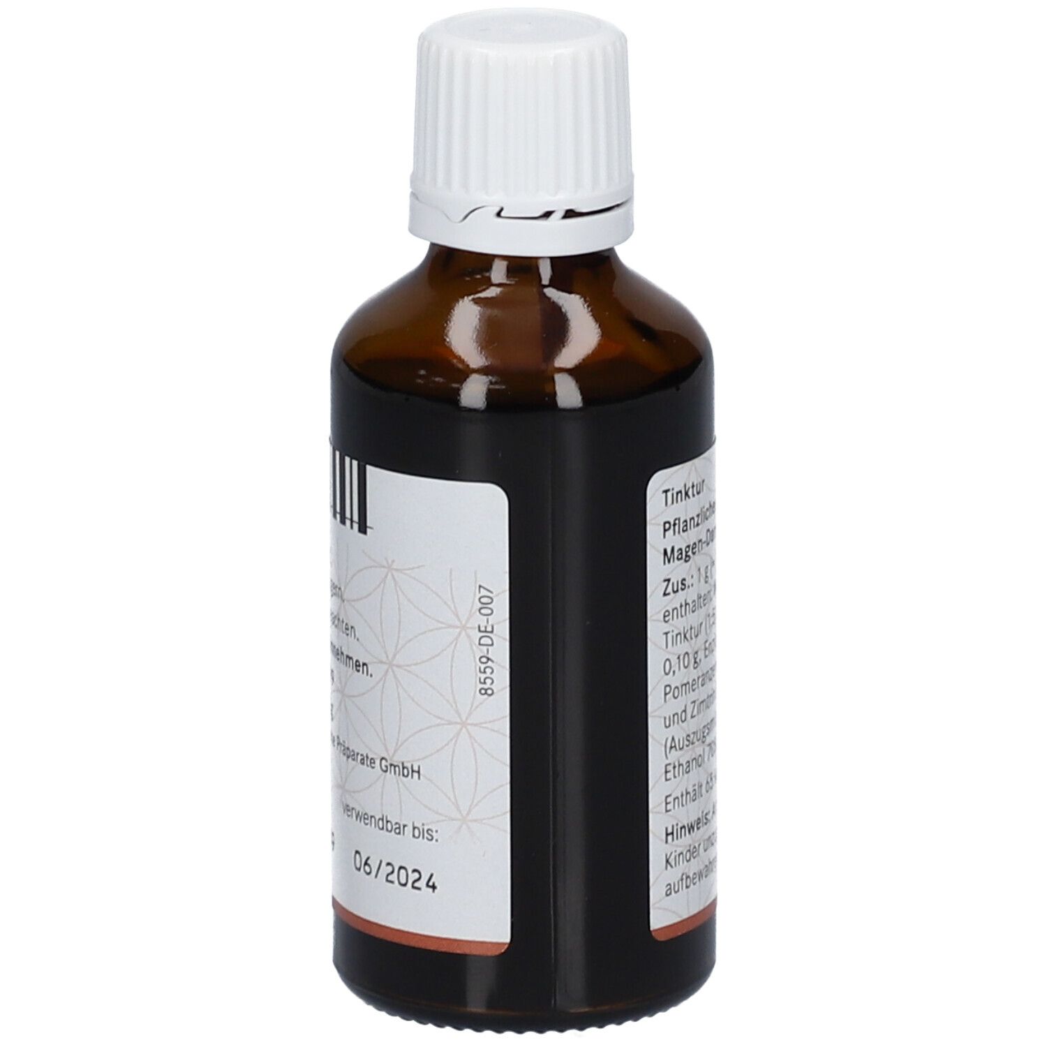 Braune Glasflasche mit weißem Verschluss. Etikett mit Barcode und Verfallsdatum.