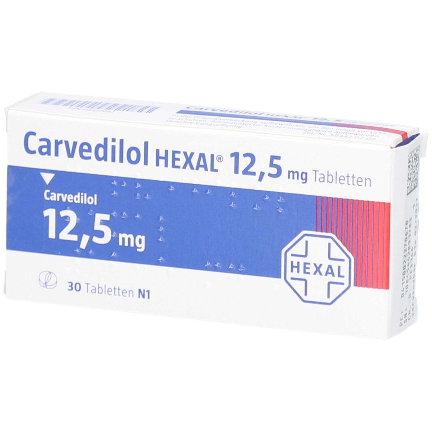 Karton Carvedilol HEXAL 12,5 mg Tabletten. Weiße Schachtel mit blauer Fläche und rotem Streifen. Text: Carvedilol, 12,5 mg, 30 Tabletten.