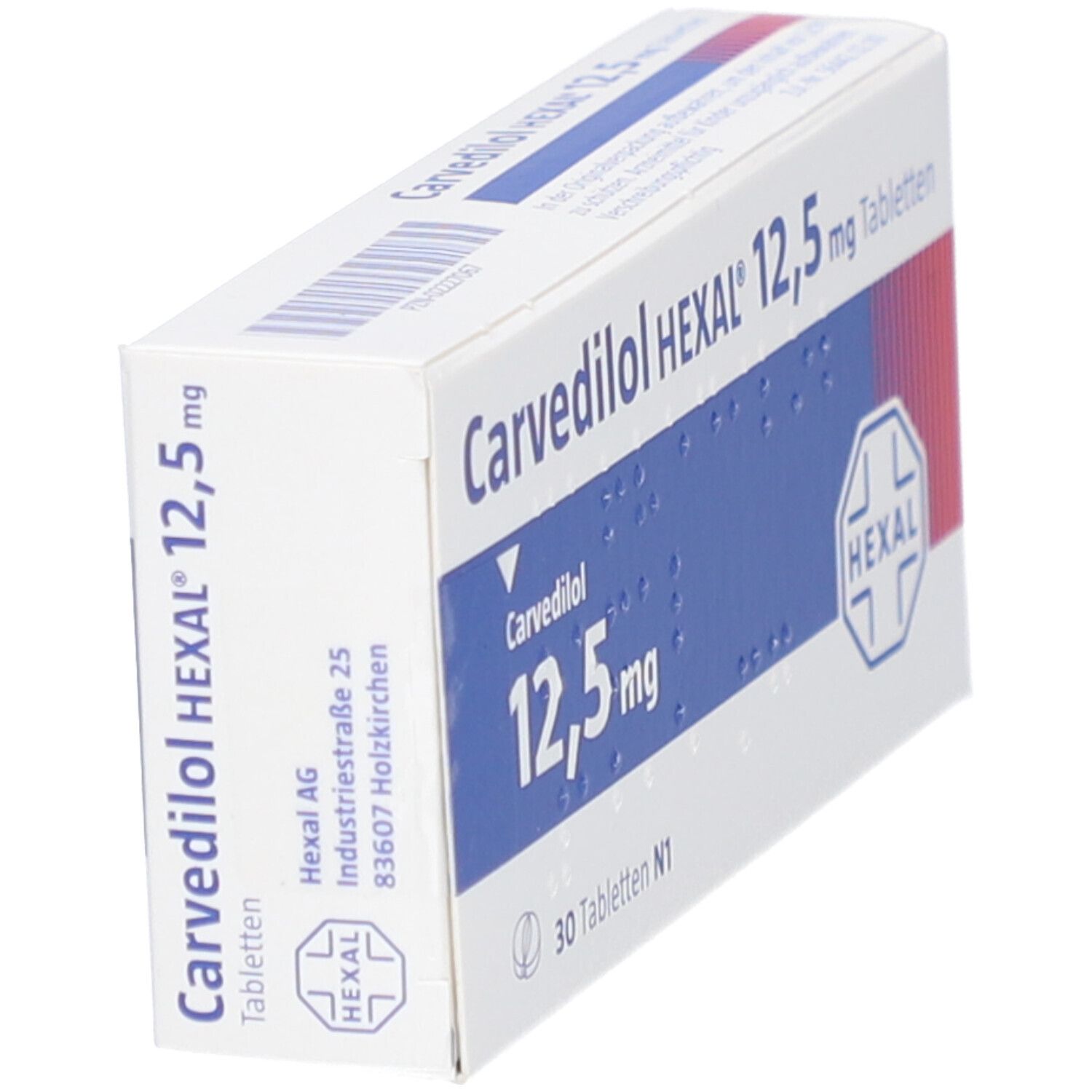 Schrägansicht der Carvedilol HEXAL 12,5 mg Tabletten-Packung. Weiße Schachtel mit blauer Fläche und rotem Streifen. Text: Carvedilol, 12,5 mg, 30 Tabletten.