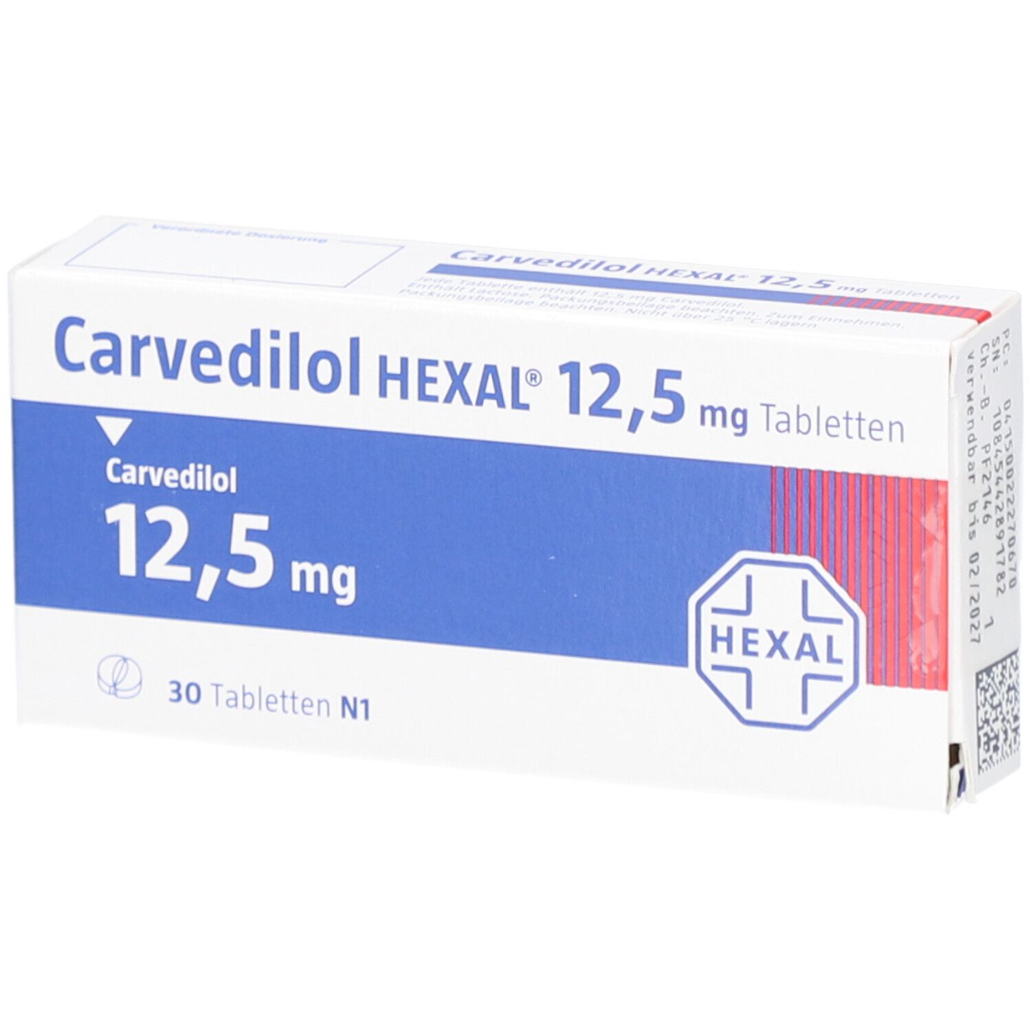 Karton Carvedilol HEXAL 12,5 mg Tabletten. Weiße Schachtel mit blauer Fläche und rotem Streifen. Text: Carvedilol, 12,5 mg, 30 Tabletten.