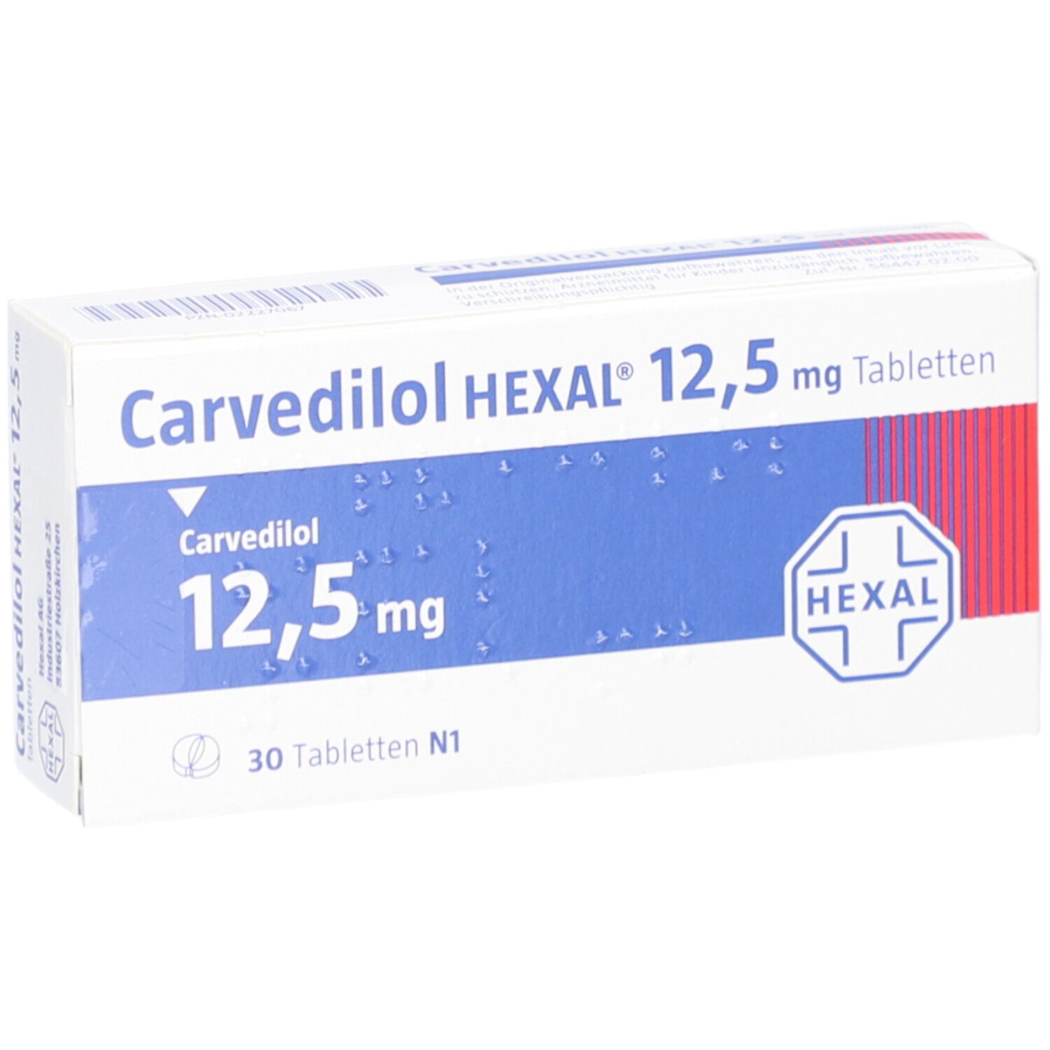 Karton Carvedilol HEXAL 12,5 mg Tabletten. Weiße Schachtel mit blauer Fläche und rotem Streifen. Text: Carvedilol, 12,5 mg, 30 Tabletten.