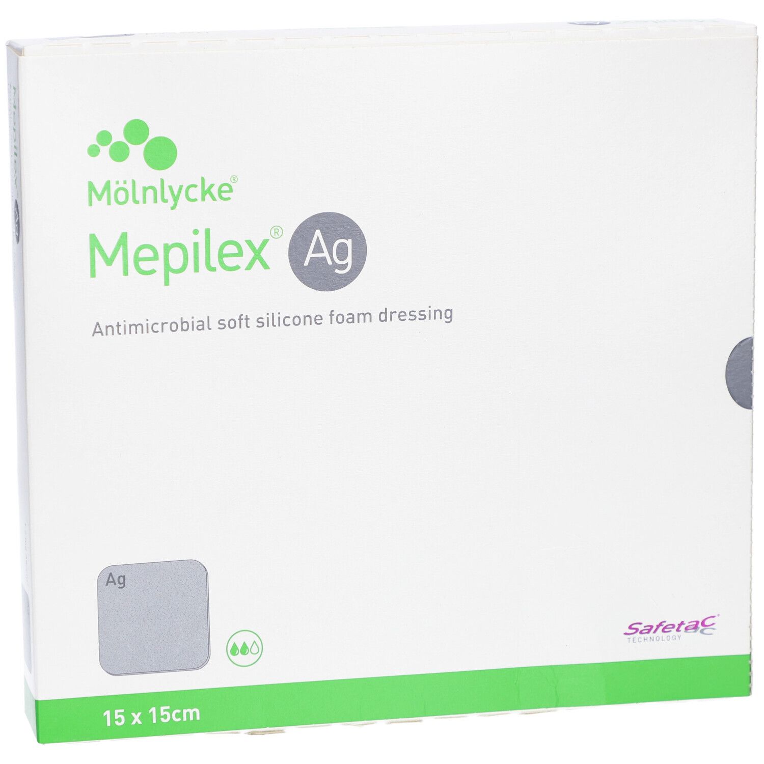 Verpackung von Mepilex Ag. Antimikrobieller weicher Silikonschaumverband. Größe 15x15cm.