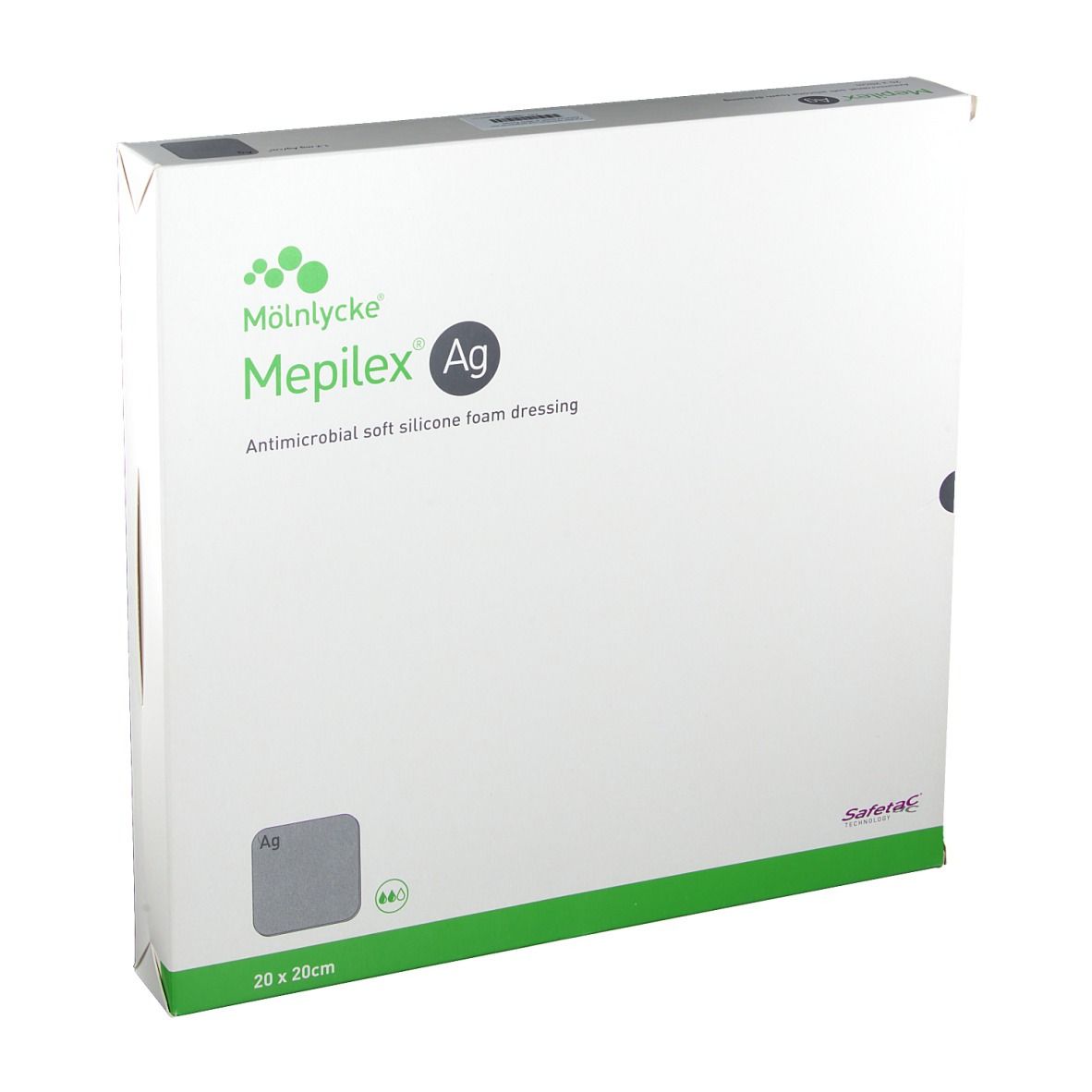 Verpackung Mepilex Ag, antimikrobielle weiche Silikonschaumwundauflage. Größe 20 x 20 cm. Grün-weiße Verpackung mit Logo.