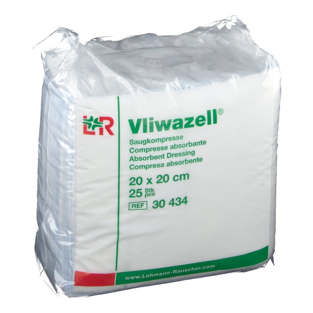 Verpackung mit Vliwazell Kompressen. 20x20cm, 25 Stück. Aufdruck: Saugkompresse, absorbierend.