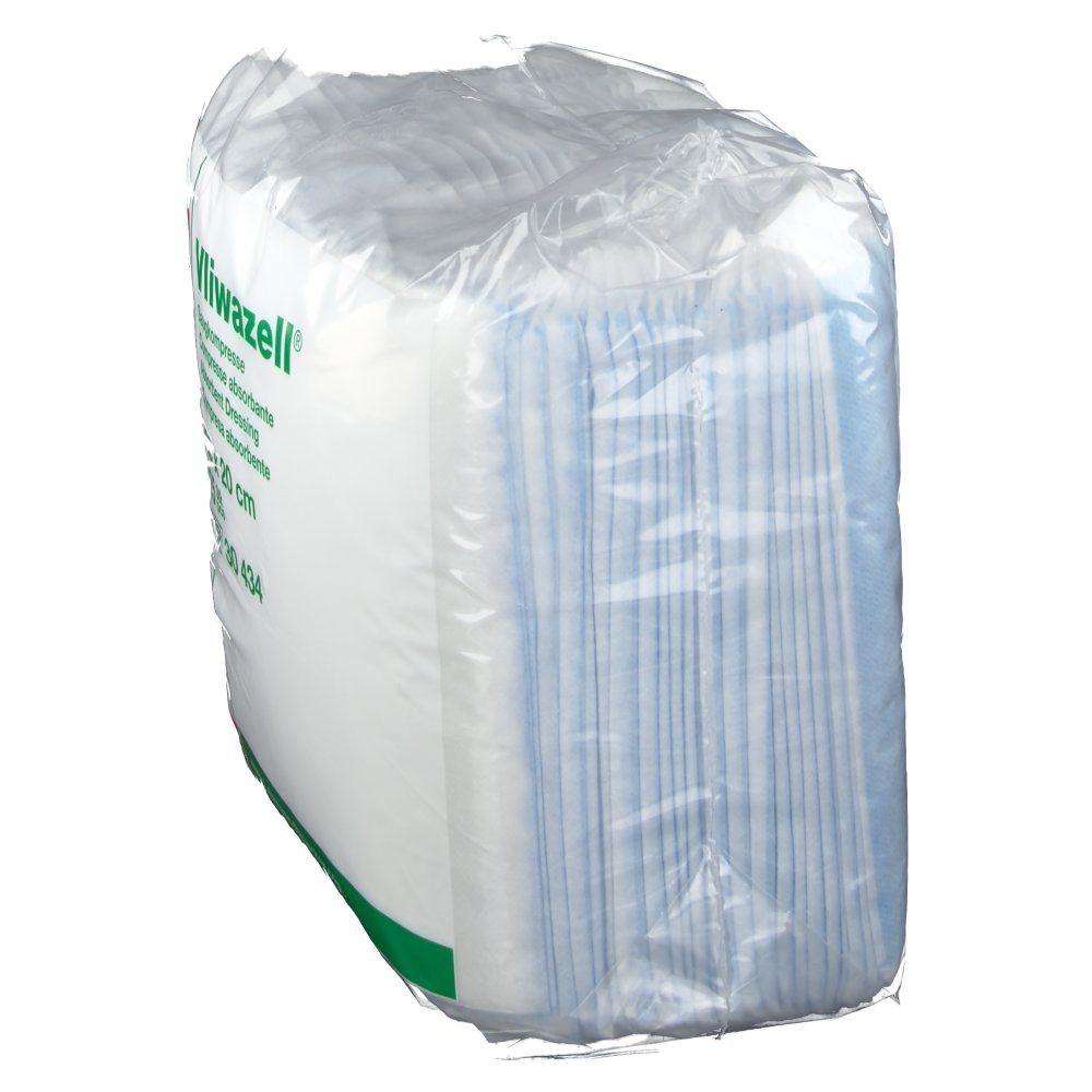 Verpackung mit Vliwazell Kompressen. Seitenansicht. Blaue Kanten sichtbar.