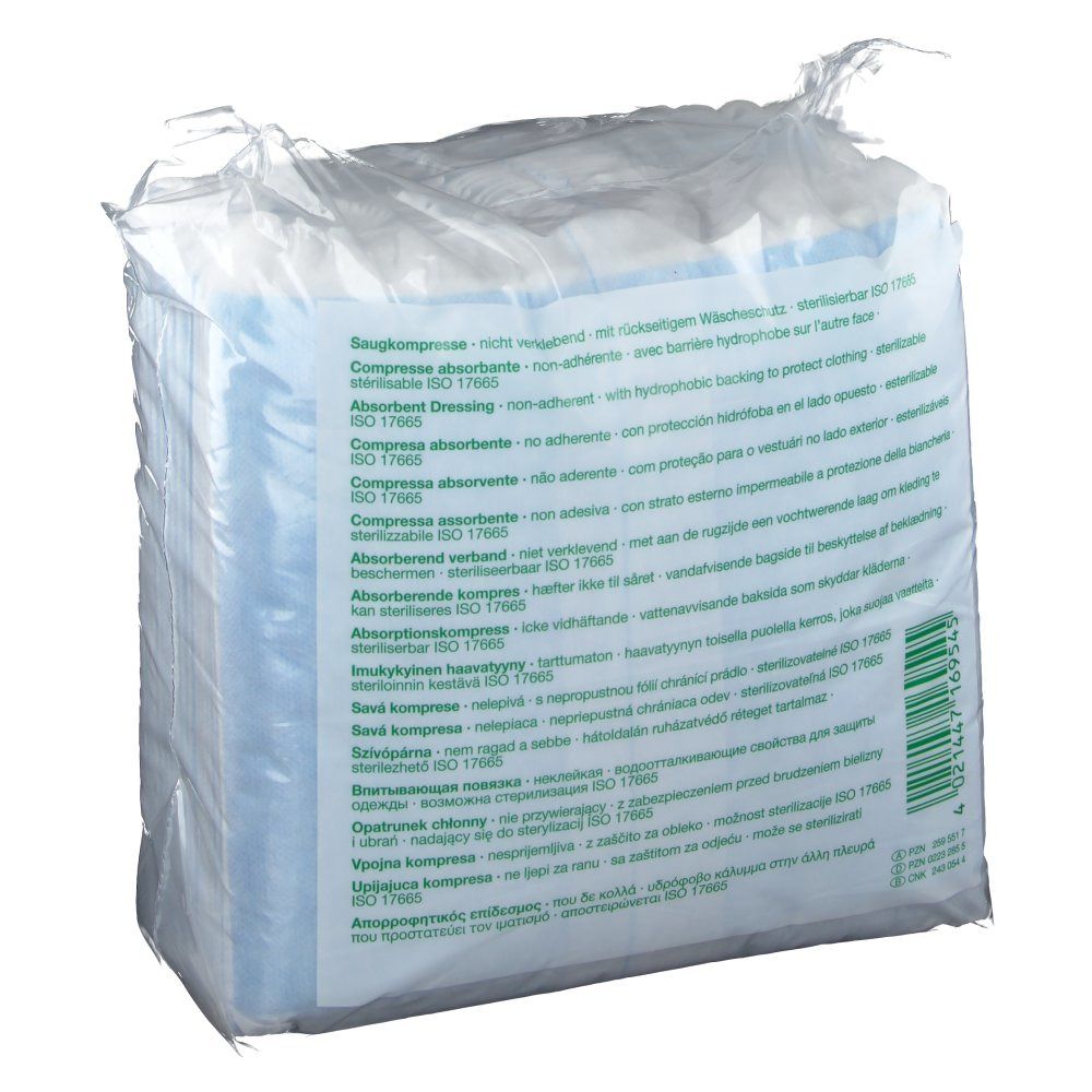 Verpackung mit Vliwazell Kompressen. Rückseite mit Text. ISO 17665.
