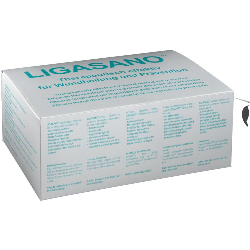 Weißer Karton mit "LIGASANO"-Logo und Text. Aufschrift: Therapeutisch effektiv für Wundheilung und Prävention. Mehrsprachiger Text.