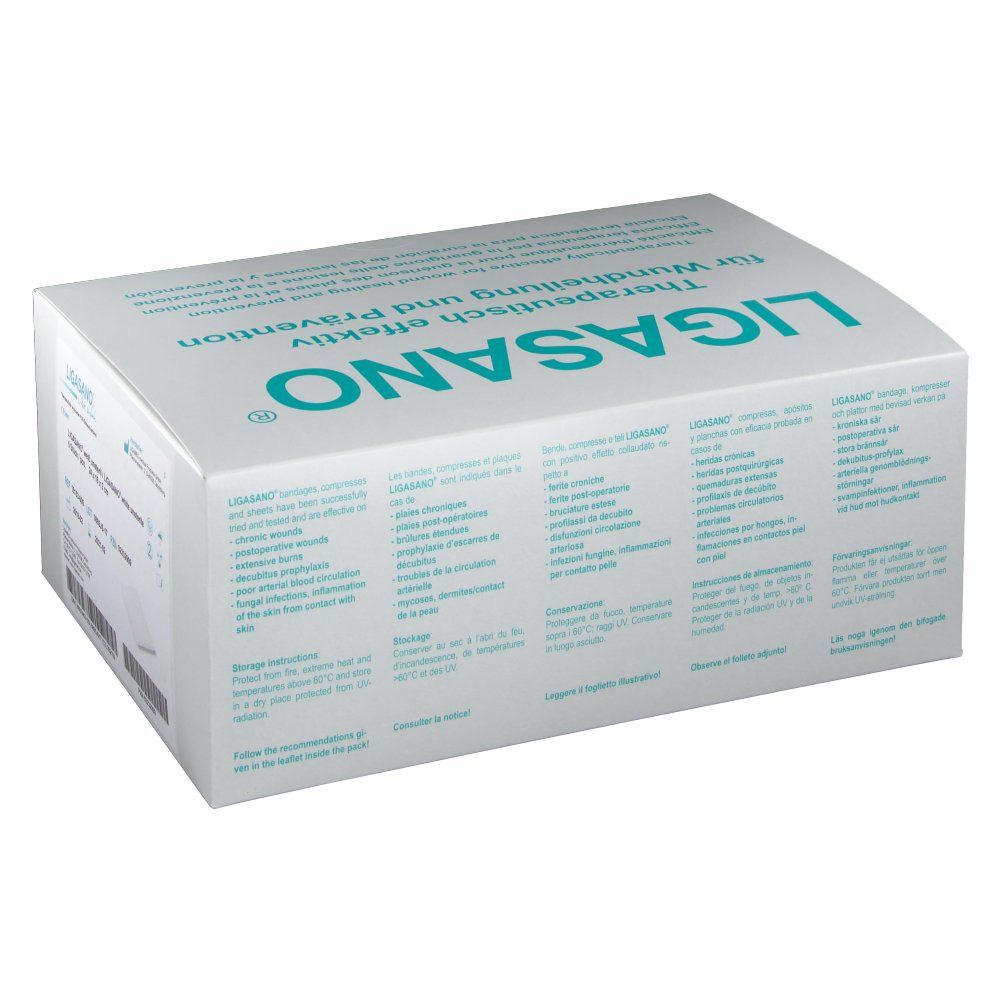 Weißer Karton mit "LIGASANO"-Logo und Text. Aufschrift: Therapeutisch effektiv für Wundheilung und Prävention. Mehrsprachiger Text.
