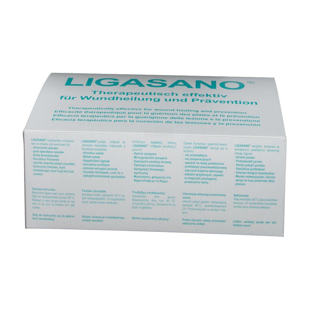 Weißer Karton mit "LIGASANO"-Logo und Text. Aufschrift: Therapeutisch effektiv für Wundheilung und Prävention. Mehrsprachiger Text.