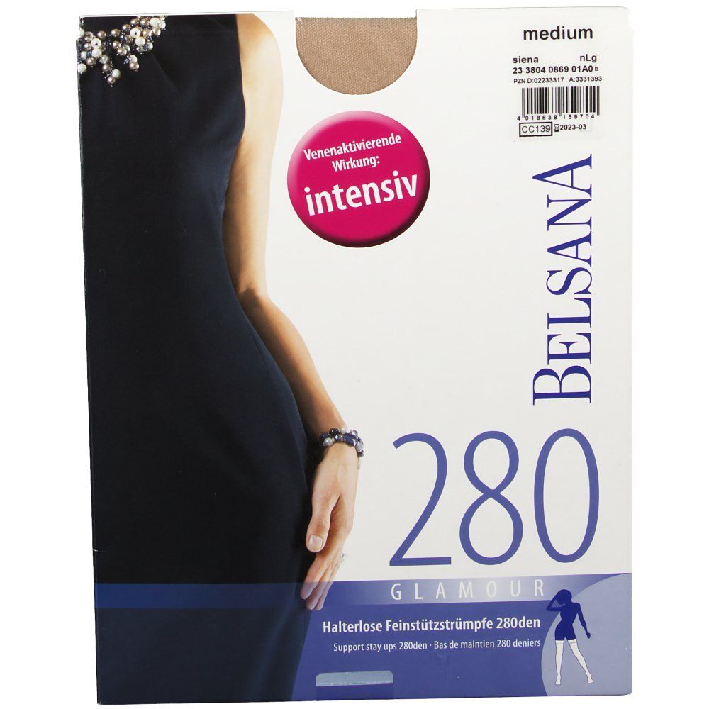 Verpackung BELSANA 280 Glamour Schenkelstrumpf, Farbe siena, Größe medium. Aufdruck: 280, Venenaktivierende Wirkung: intensiv.