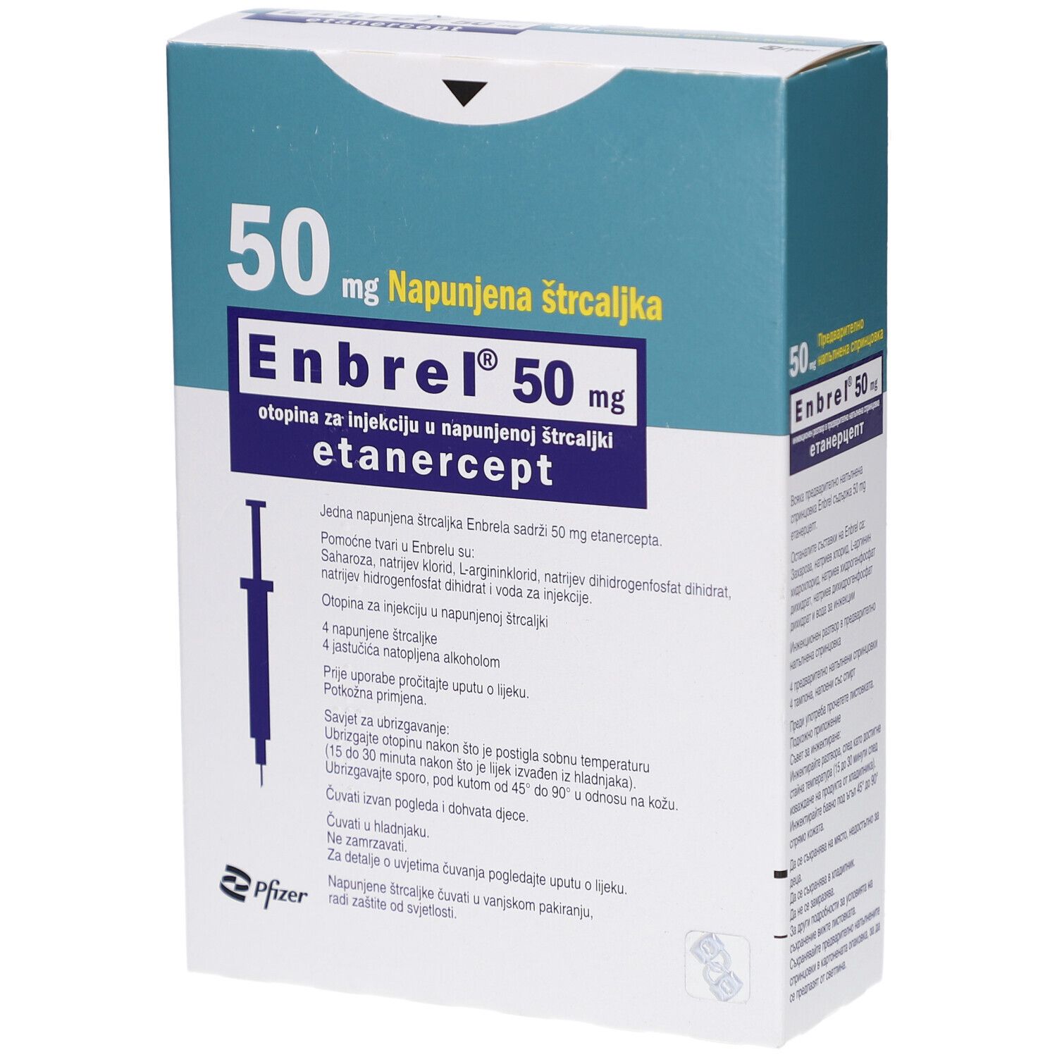 Karton mit Enbrel 50 mg. Aufschrift: Fertigspritze, Etanercept. Enthält 4 Spritzen und Alkoholpads. Blaue und weiße Verpackung.