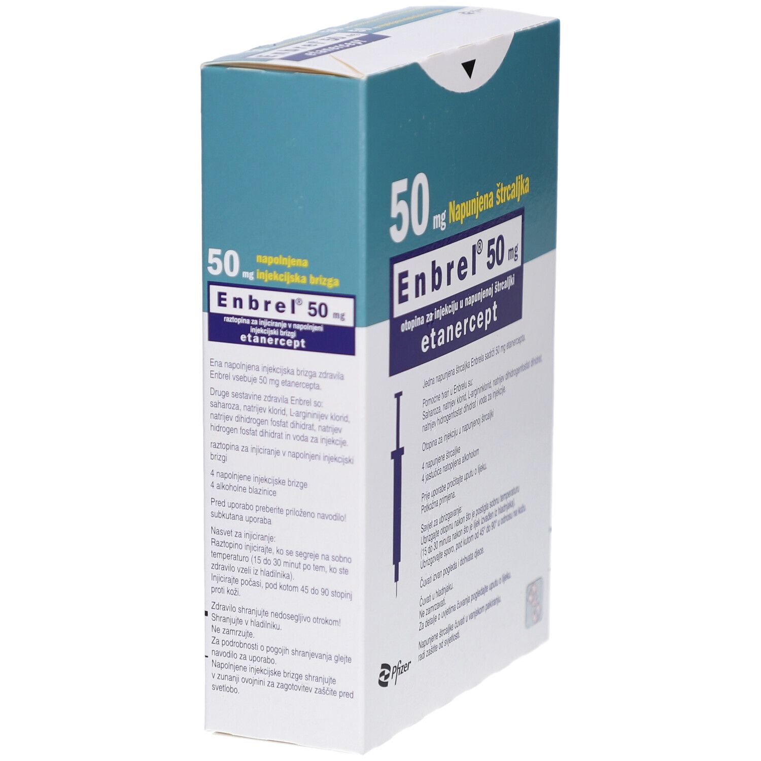 Karton mit Enbrel 50 mg. Aufschrift: Fertigspritze, Etanercept. Enthält 4 Spritzen und Alkoholpads. Blaue und weiße Verpackung.